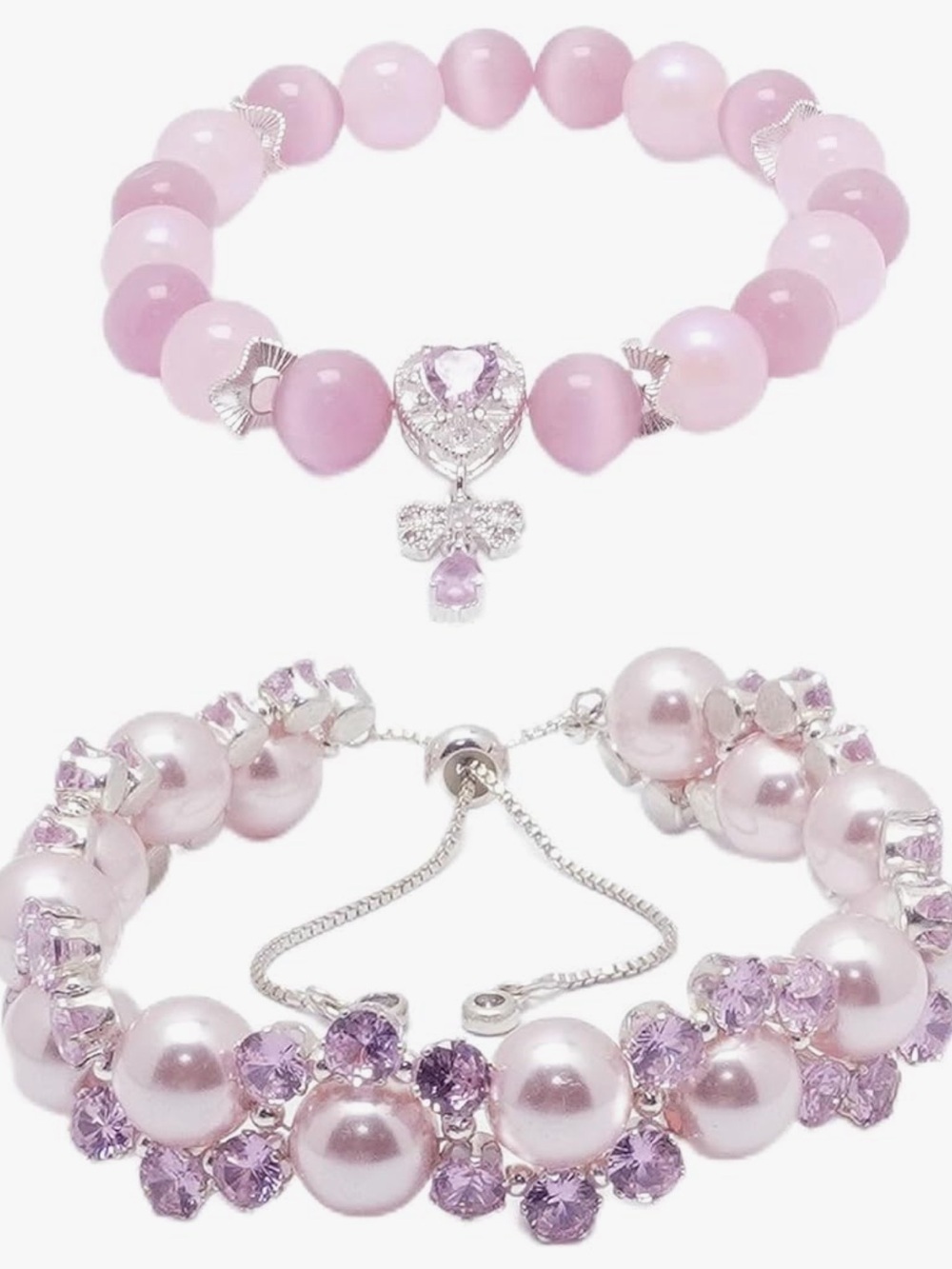 Anthropologie Pink Beaded Heart & Bow Charm Bracelet